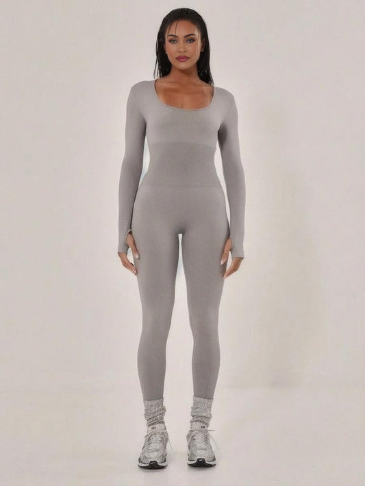 Sport Ribbed Waist Long Sleeve Unitard Sports Jumpsuit Padel Tennis Pickleball Gym Fitness