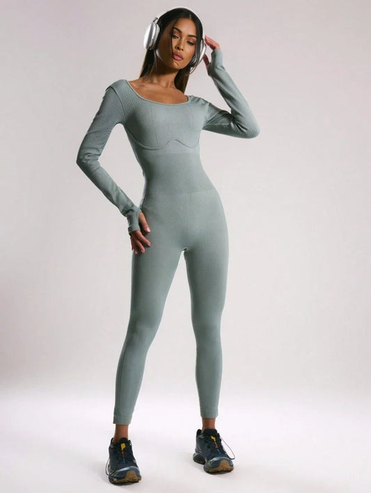 Sport Scoop Neck Seamless Sculpt Long Sleeve Unitard Padel Tennis Pickleball Gym Fitness