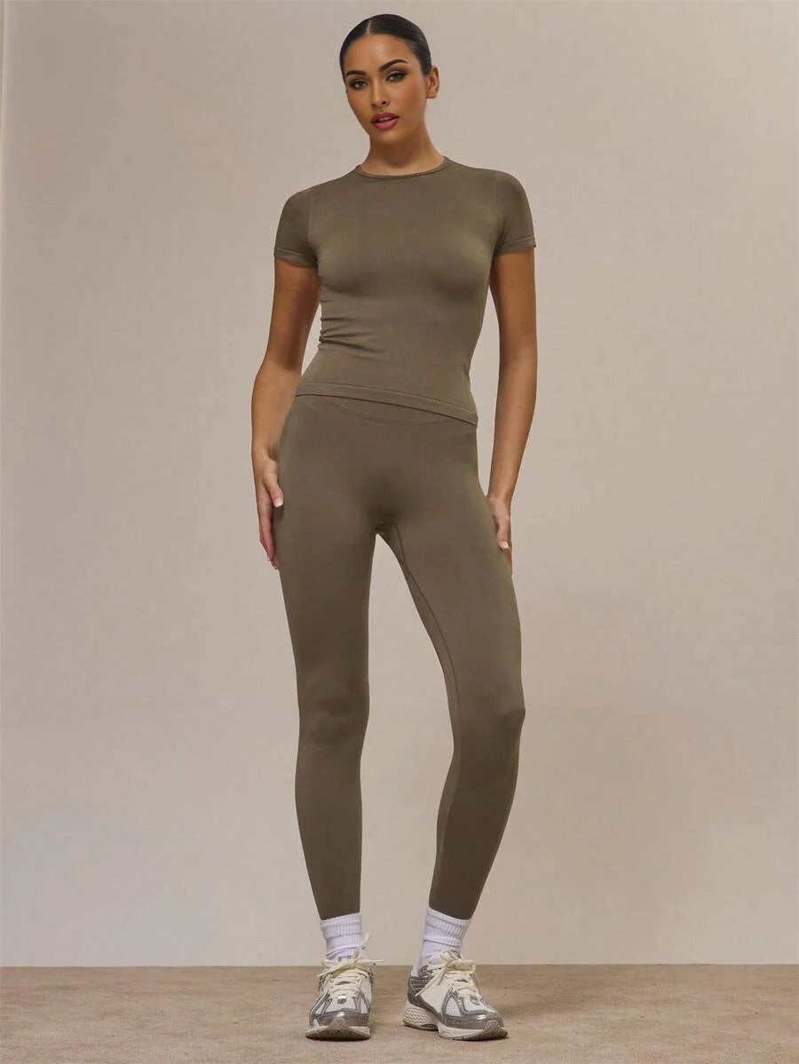 Sport Sculpt Fitted Short Sleeve Top And Leggings Set CoOrd Active Sports Workout Fall Autumn Cute