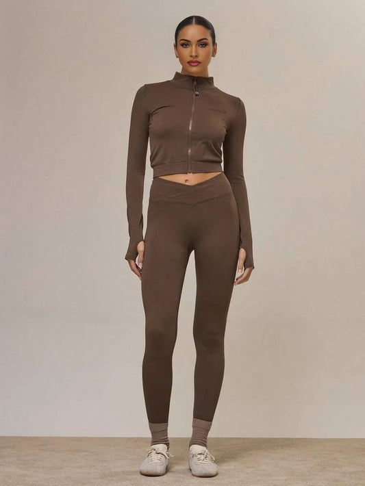 Sport Seamless Sculpt Zip Through Fitted BBL Jacket And Crossover Waistband Leggings Set CoOrd