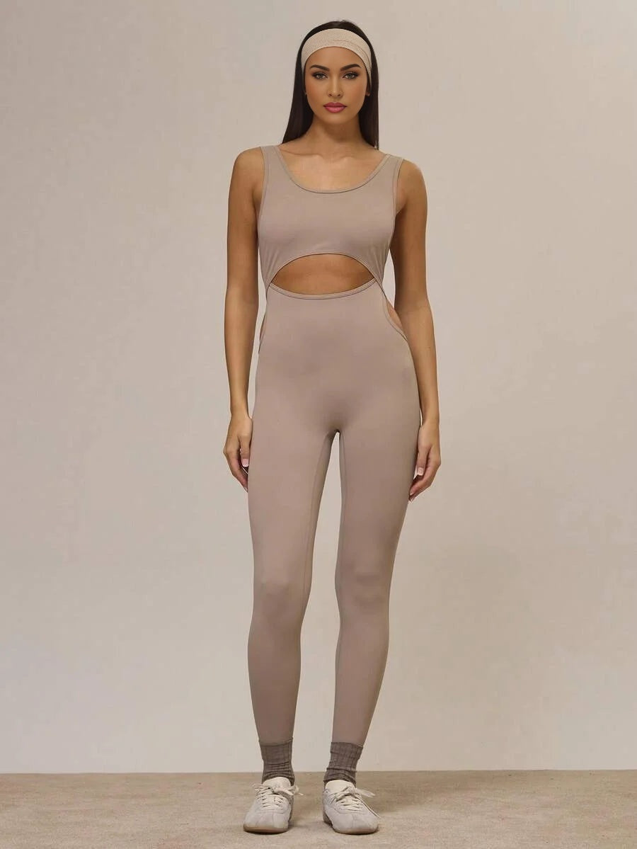 Sport Slinky Scoop Neck Cut Out Fitted Jumpsuit Unitard Workout Active Winter