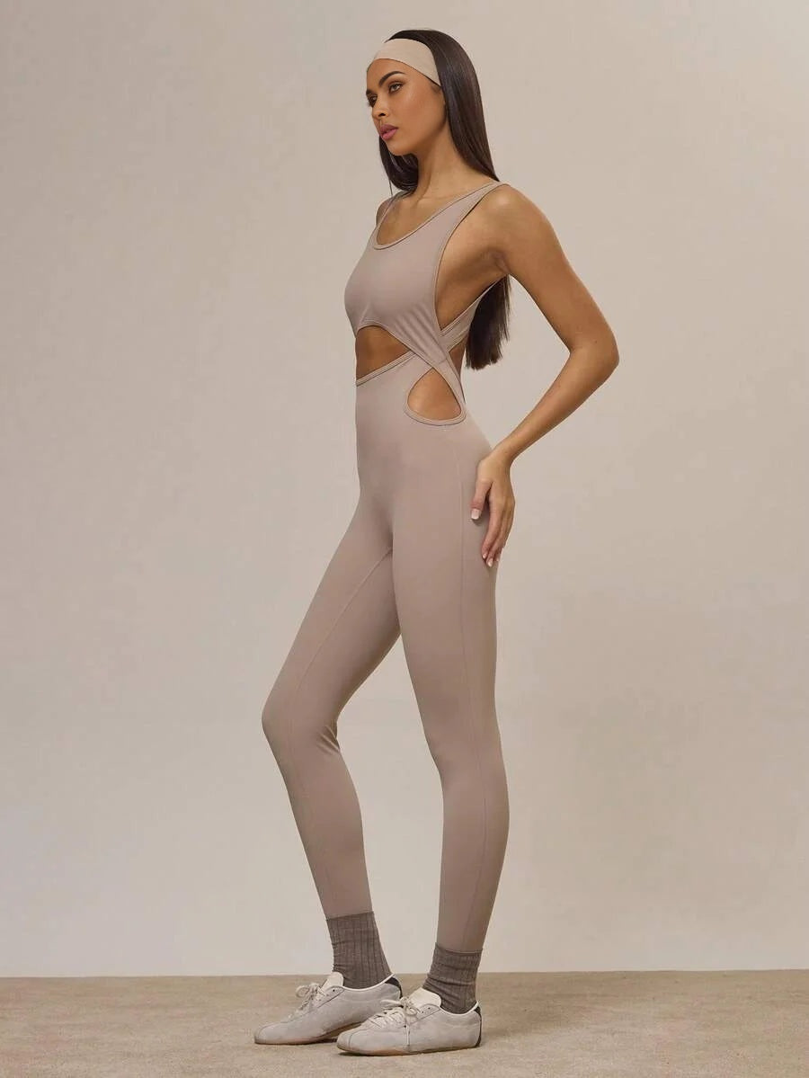 Sport Slinky Scoop Neck Cut Out Fitted Jumpsuit Unitard Workout Active Winter