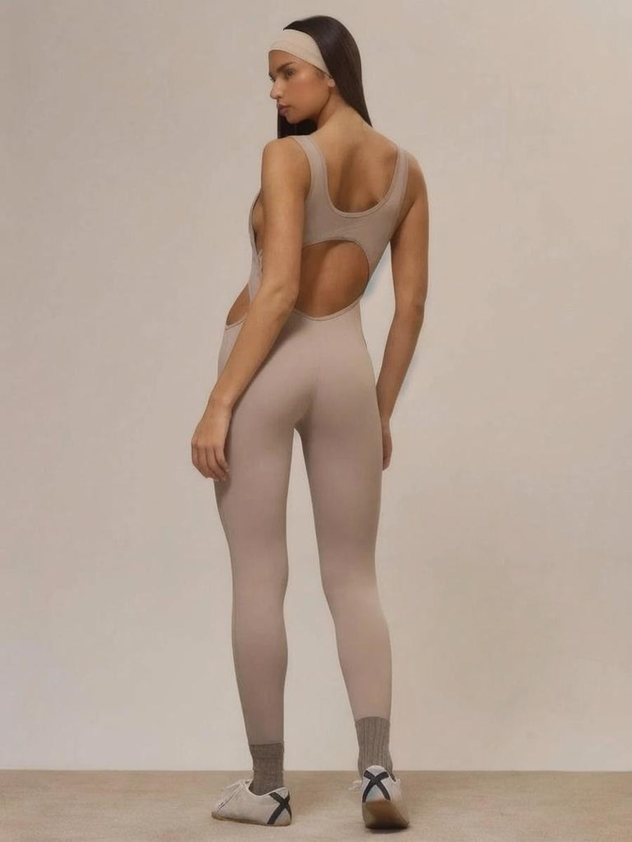 Sport Slinky Scoop Neck Cut Out Fitted Jumpsuit Unitard Workout Active Winter