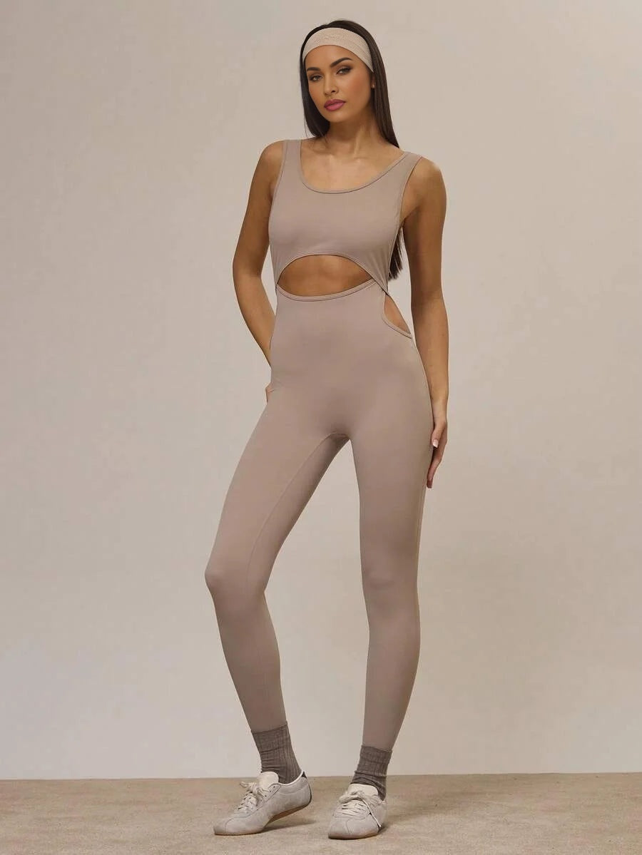 Sport Slinky Scoop Neck Cut Out Fitted Jumpsuit Unitard Workout Active Winter