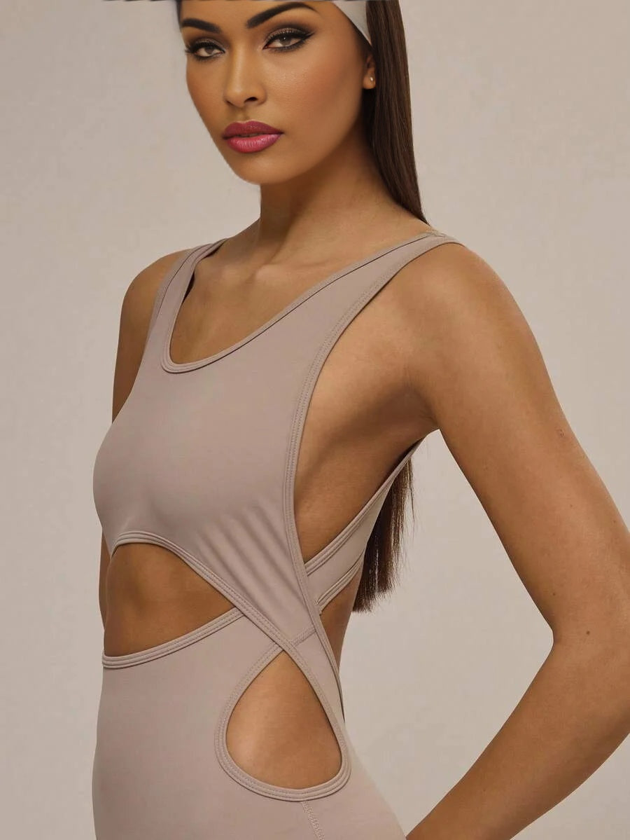 Sport Slinky Scoop Neck Cut Out Fitted Jumpsuit Unitard Workout Active Winter