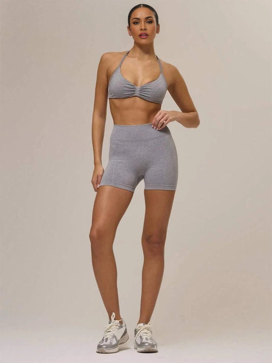 Sport Solid Ruched Bust Open Back Halter Sports Bra And High Waist Snached Shorts CoOrd Activewear