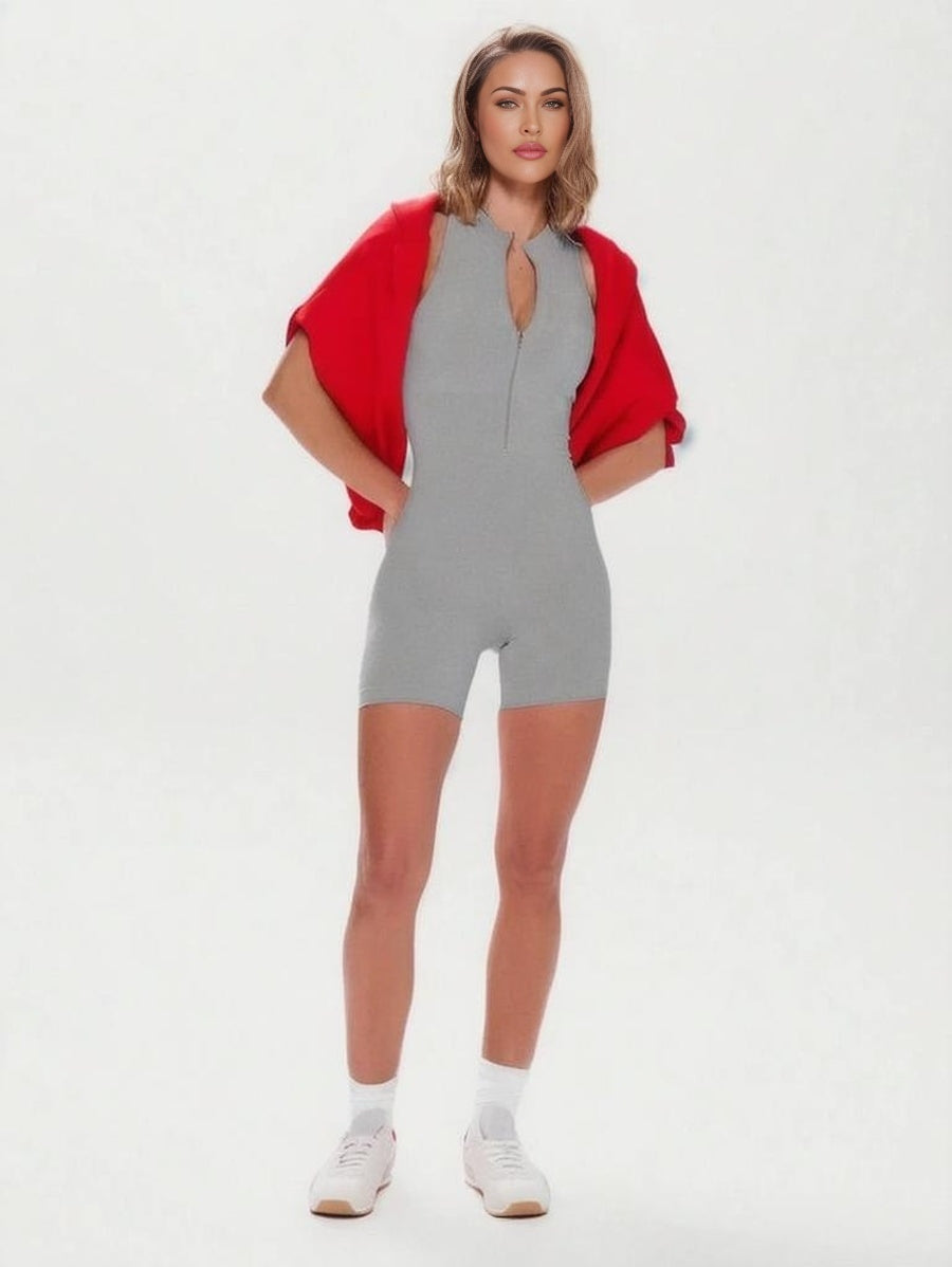 Sport Stand Neck Cut Out Back Zip Through Seamless Sports Unitard Romper Active Workout Gympadel