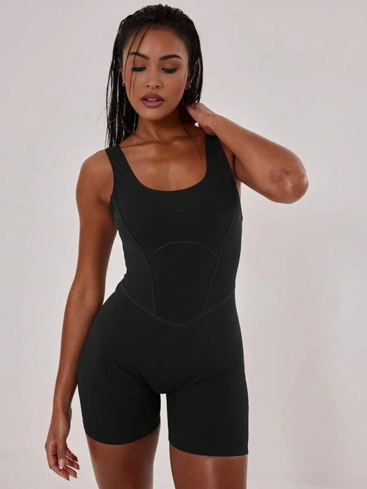 Sport Stitched Seam Detail Scoop Neck Fitted ActiveWear Unitard Padel Tennis Pickleball Gym Fitness