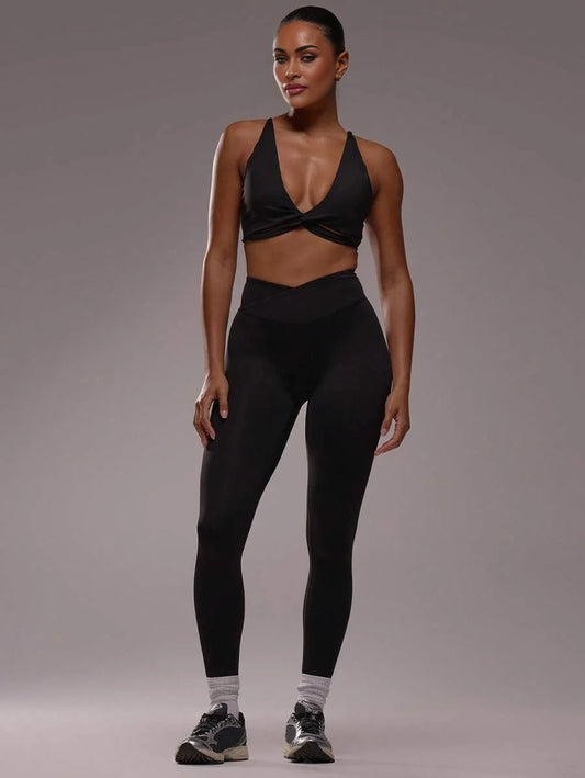 Sport Twist Front V Neck Sports Bra High Waist V Detail Waistband Gym Leggings CoOrd Set Seamless