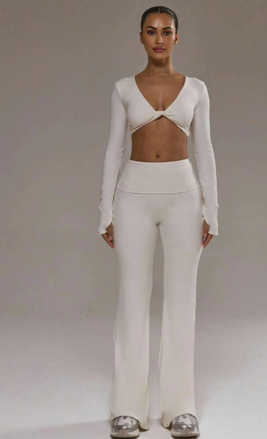 Sport Twist Long Sleeve Crop Top And Foldover Waistband Yoga Pants Co Ord Set Elegant Casual Active