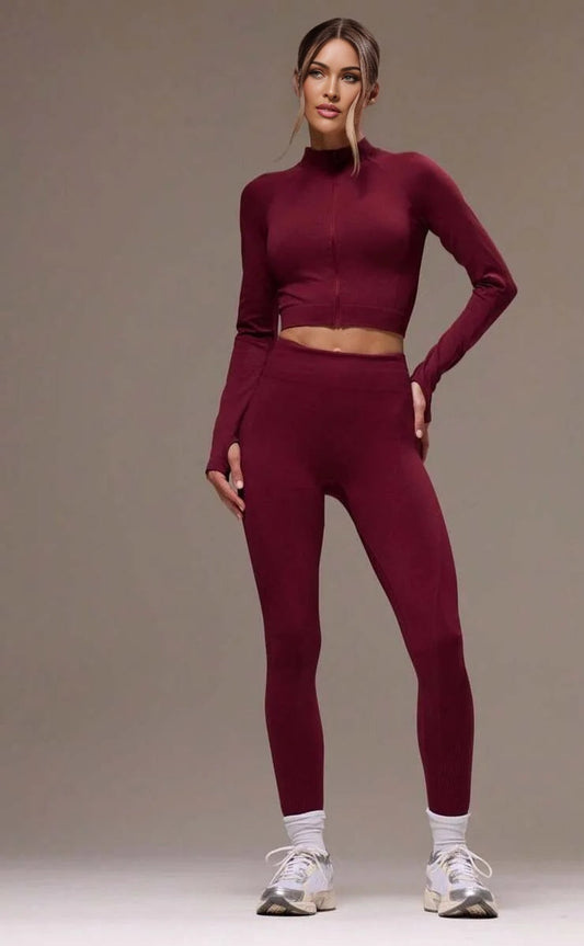 Sport Women Solid Zip Up Crop Jacket amp Leggings Sports Sets Gym Fitness