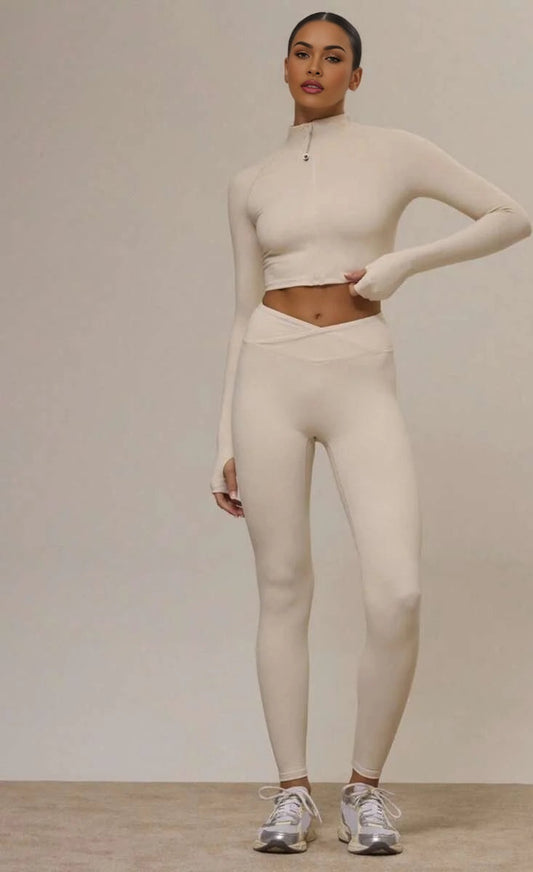 Sport Zip Through Fitted BBL Jacket And Crossover Waistband Leggings Set Active Sports Workout Fall