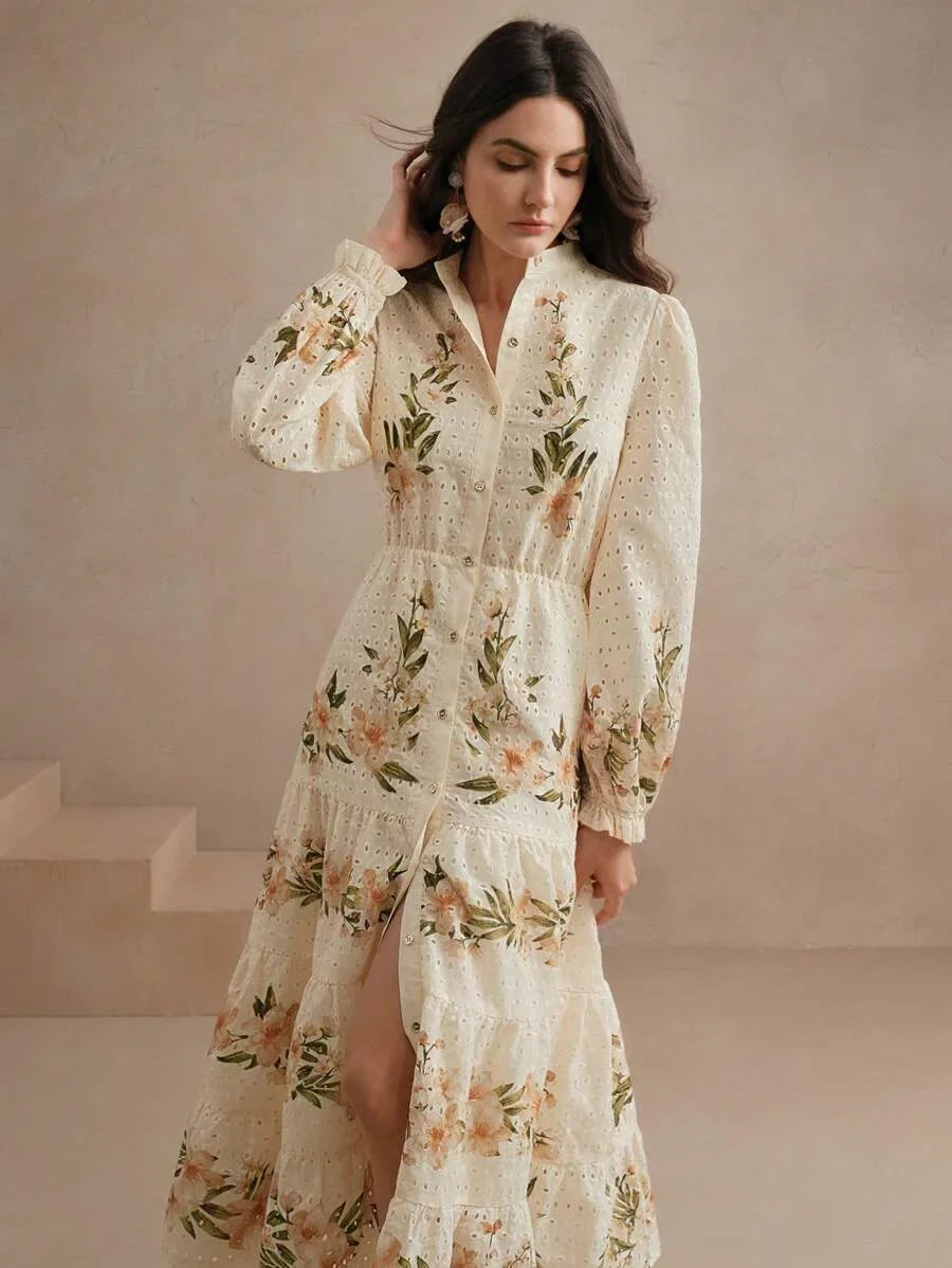 Spring amp Summer Elegant Beach Vacation Bohemian Printed Stand Collar MidLength Dress For Women