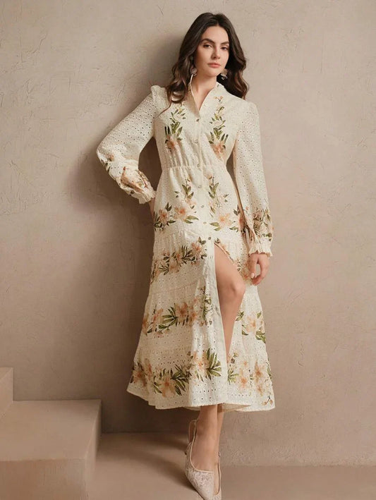Spring amp Summer Elegant Beach Vacation Bohemian Printed Stand Collar MidLength Dress For Women