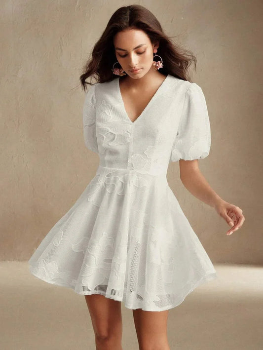 Spring amp Summer Elegant Lace Floral Decor Waist Flair Short Dress Boho Style