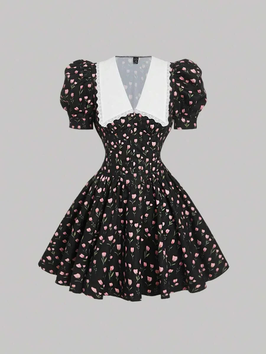 Spring amp Summer Elegant Lace Floral Decor Waist Flair Short Dress Boho Style