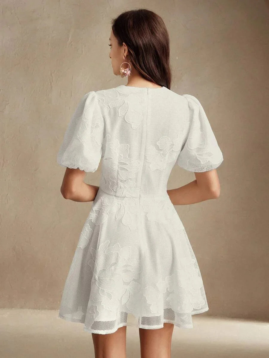 Spring amp Summer Elegant Lace Floral Decor Waist Flair Short Dress Boho Style