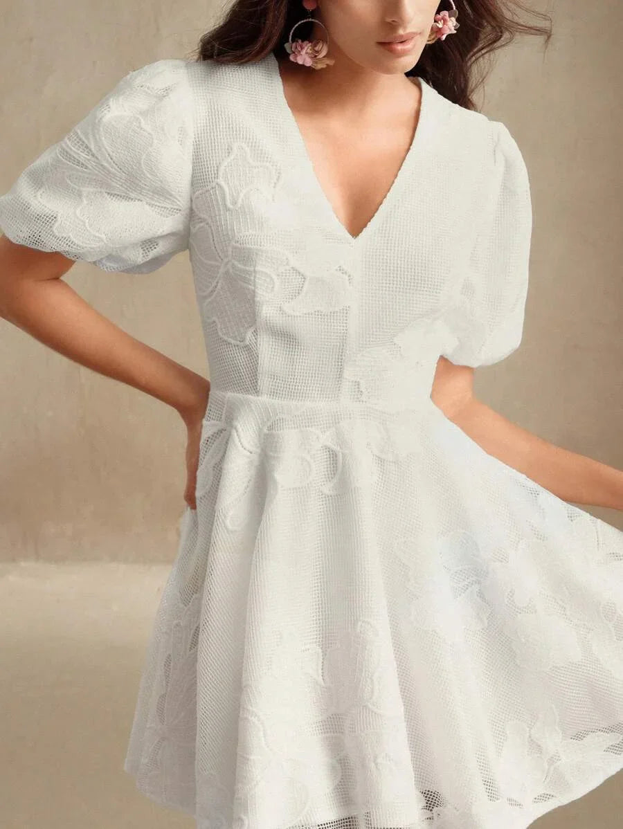 Spring amp Summer Elegant Lace Floral Decor Waist Flair Short Dress Boho Style