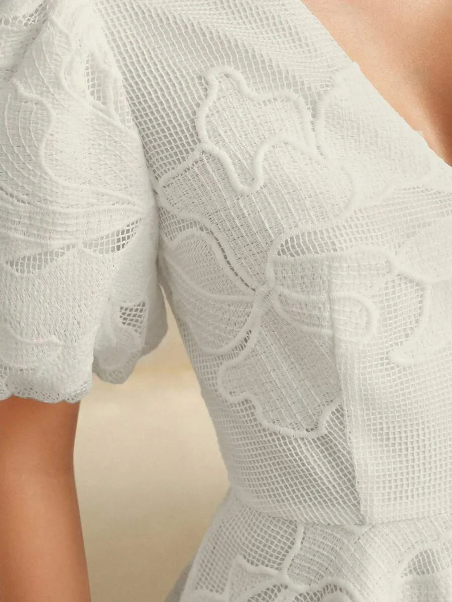 Spring amp Summer Elegant Lace Floral Decor Waist Flair Short Dress Boho Style