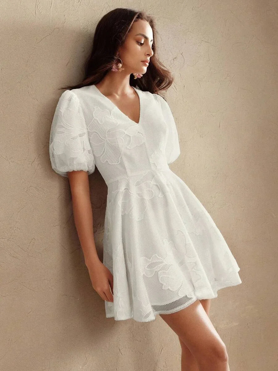Spring amp Summer Elegant Lace Floral Decor Waist Flair Short Dress Boho Style