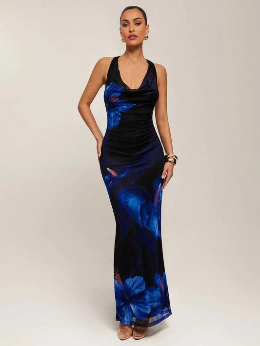 Spring And Summer Floral Print Backless Halter Maxi DressSummer Dresses For Women