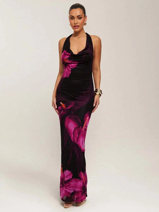 Spring And Summer Knitted Extra Long Dress Warm Red Floral Clothing Pink Anthurium Print Tiger Lily