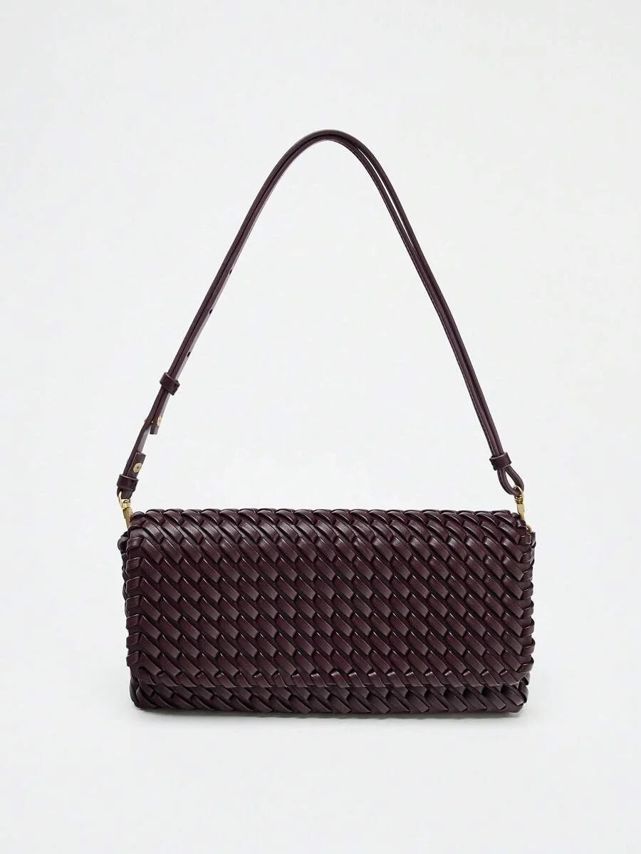Spring New Arrival Womens Burgundy Flap Crossbody Handbag With Woven Design