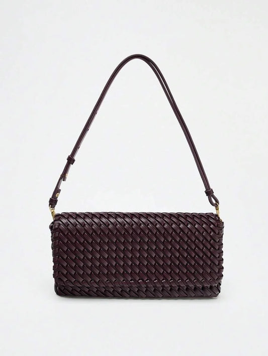 Spring New Arrival Womens Burgundy Flap Crossbody Handbag With Woven Design
