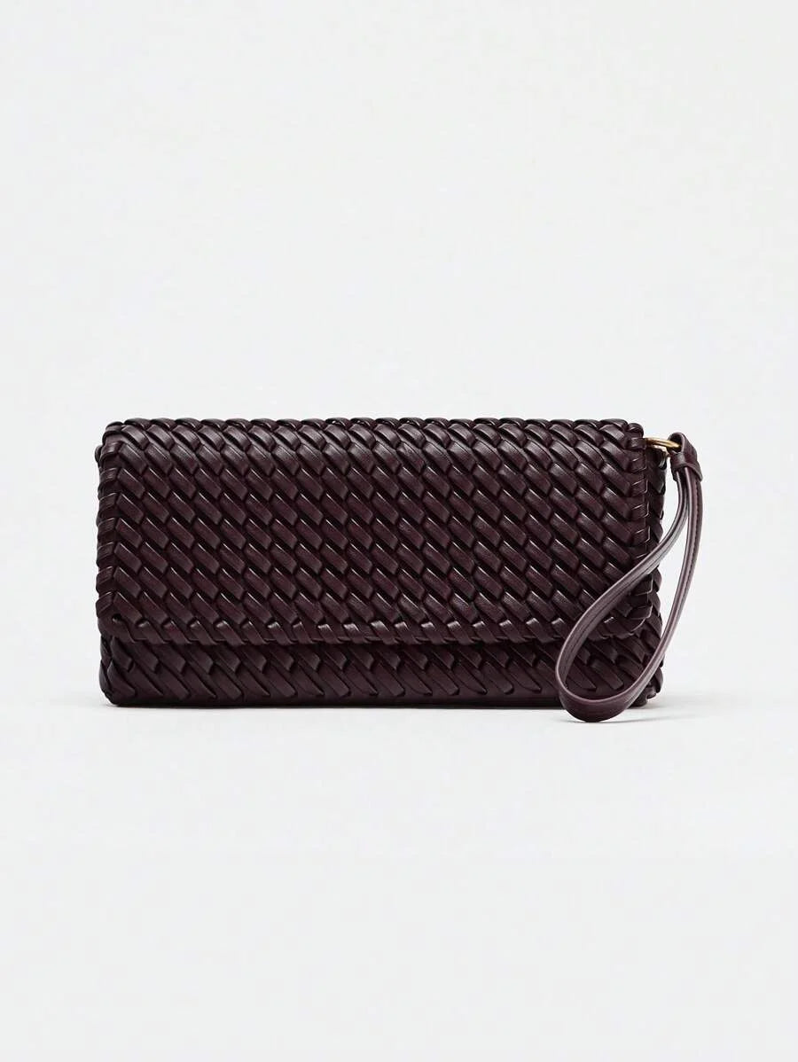 Spring New Arrival Womens Burgundy Flap Crossbody Handbag With Woven Design