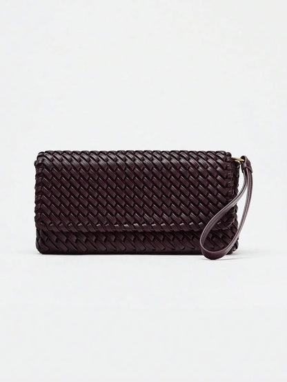 Spring New Arrival Womens Burgundy Flap Crossbody Handbag With Woven Design