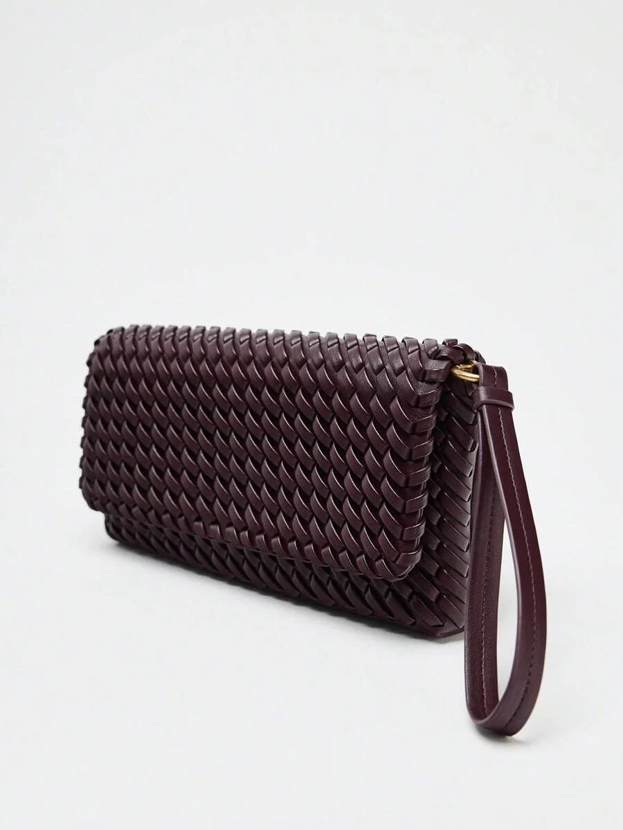 Spring New Arrival Womens Burgundy Flap Crossbody Handbag With Woven Design