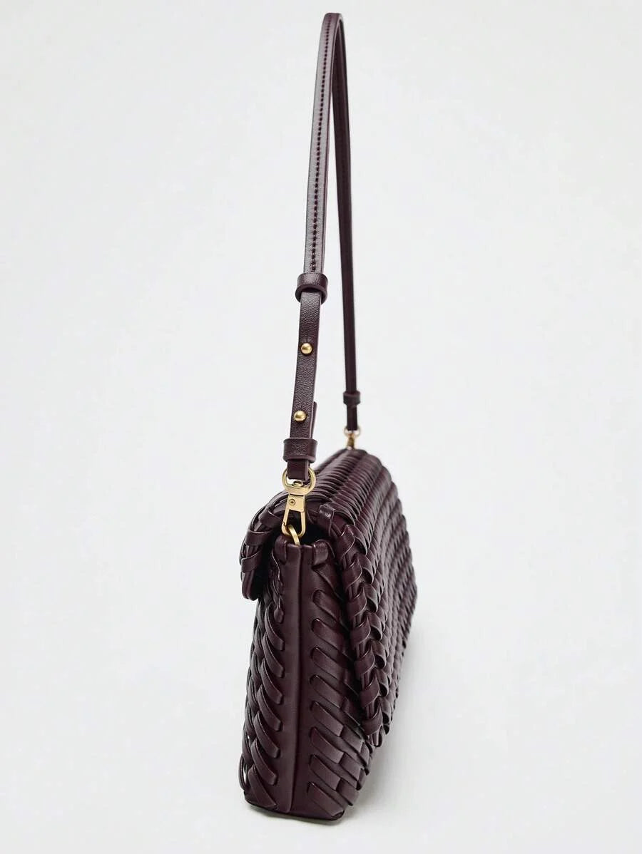 Spring New Arrival Womens Burgundy Flap Crossbody Handbag With Woven Design