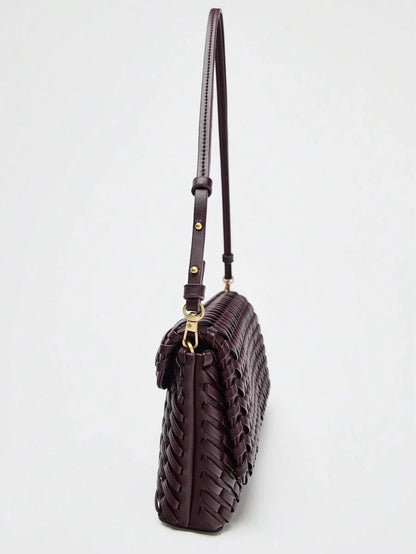 Spring New Arrival Womens Burgundy Flap Crossbody Handbag With Woven Design