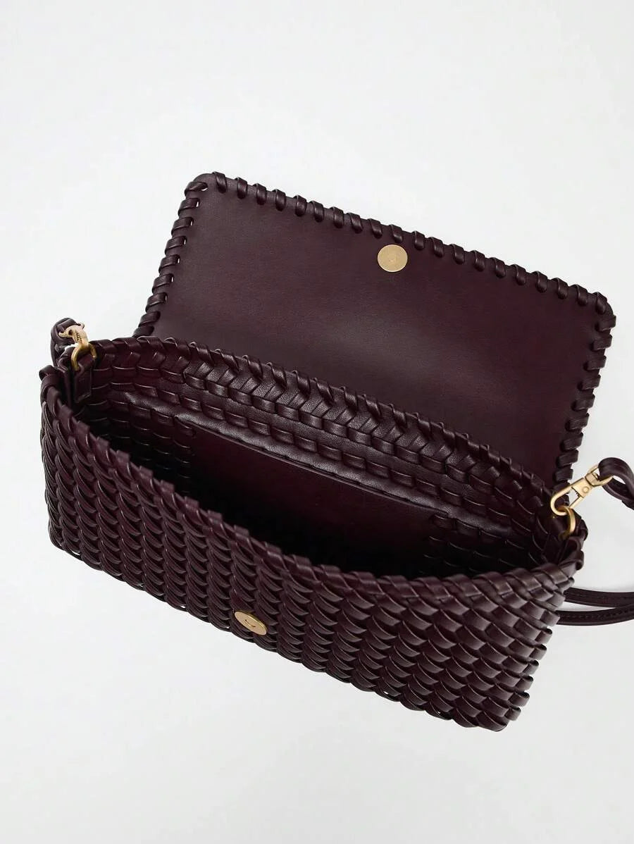 Spring New Arrival Womens Burgundy Flap Crossbody Handbag With Woven Design