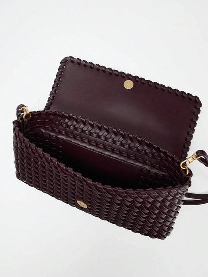 Spring New Arrival Womens Burgundy Flap Crossbody Handbag With Woven Design