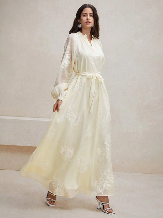 Spring Simple Lantern Sleeve ALine Dress With Notched Neckline Embroidered Detail And Cinching Waist