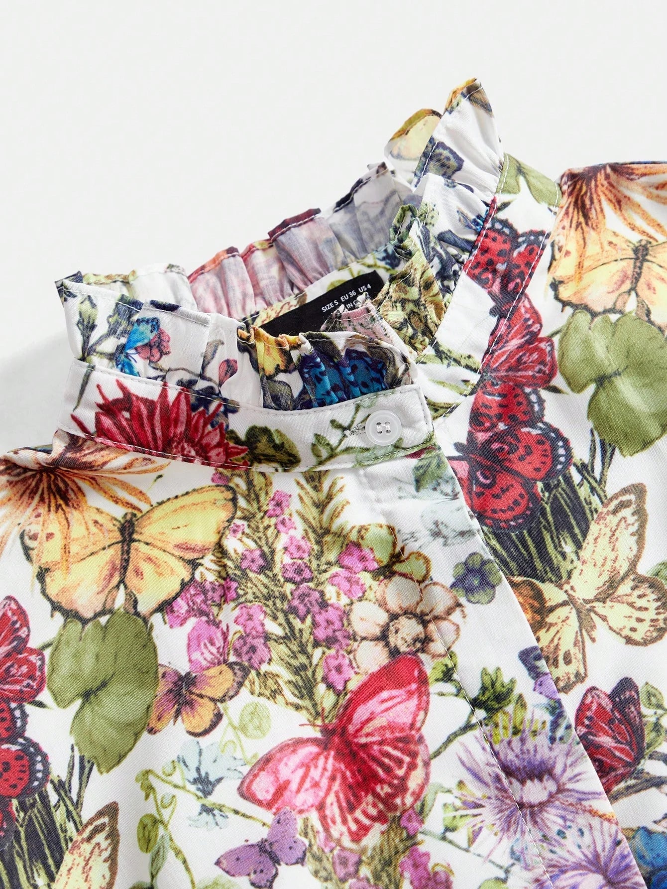 SpringSummer Dopamine Color Butterfly amp Floral Print Stand Collar Long Shirt Dress With Belt