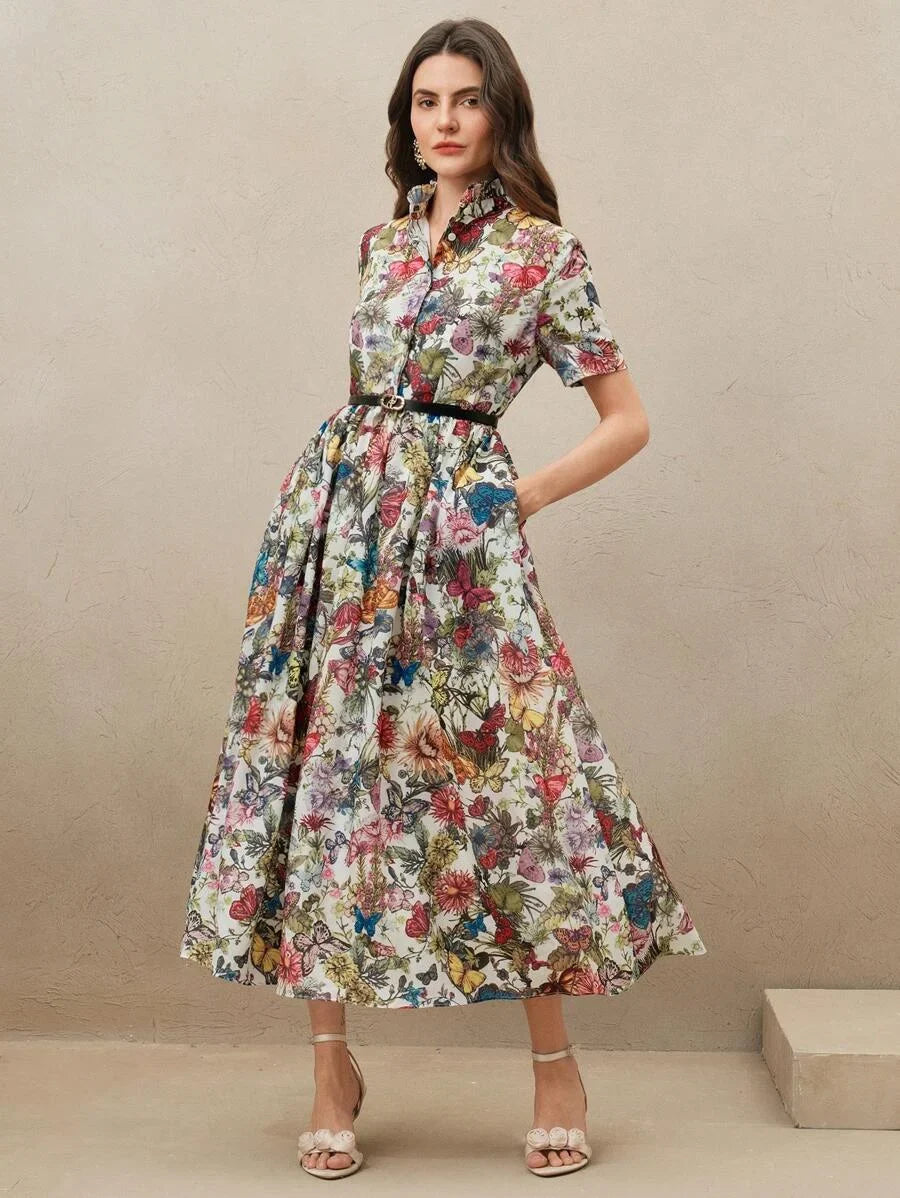 SpringSummer Dopamine Color Butterfly amp Floral Print Stand Collar Long Shirt Dress With Belt