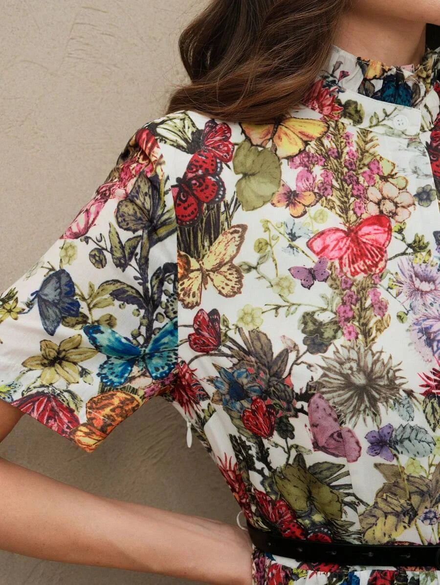 SpringSummer Dopamine Color Butterfly amp Floral Print Stand Collar Long Shirt Dress With Belt