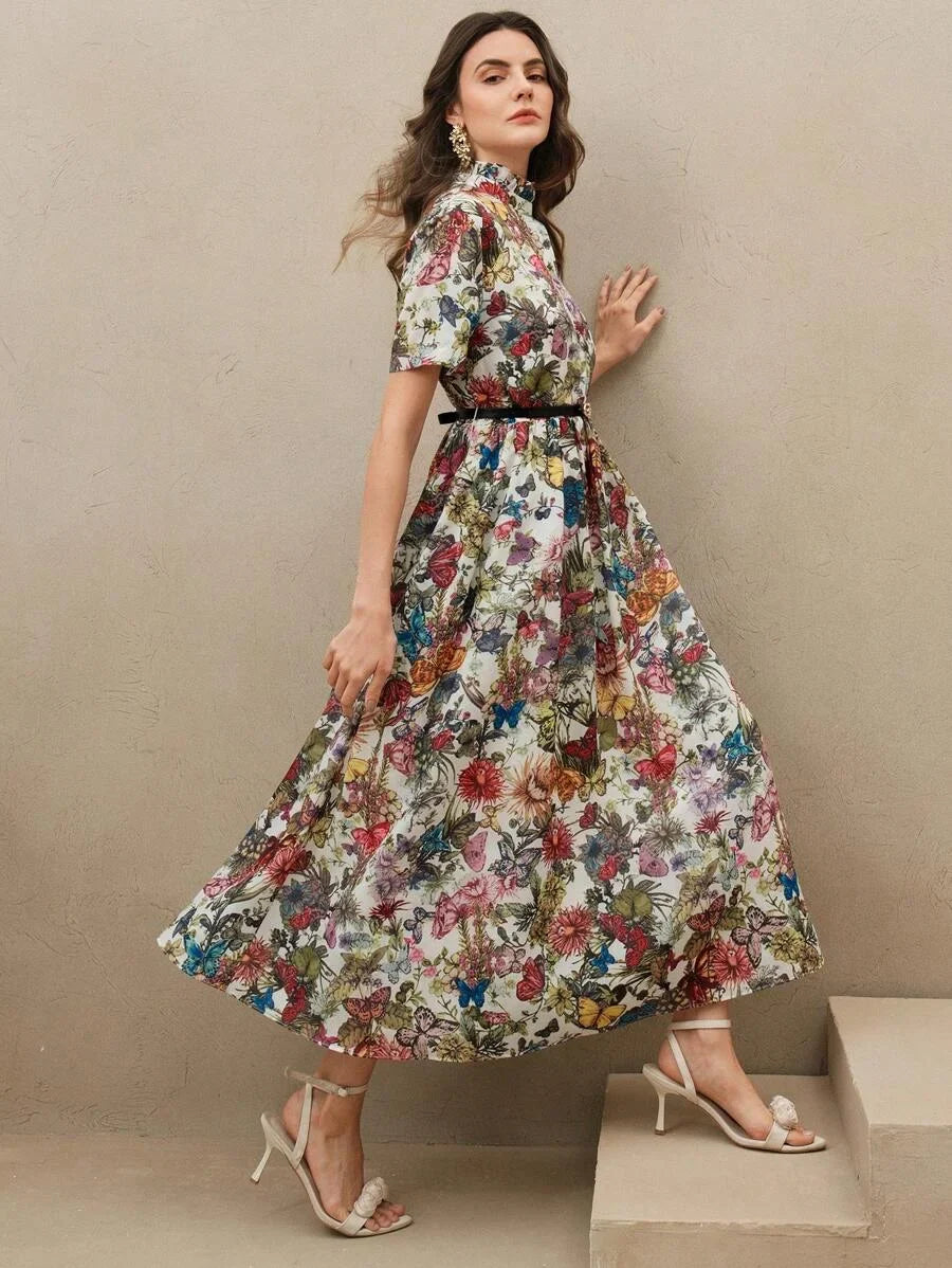 SpringSummer Dopamine Color Butterfly amp Floral Print Stand Collar Long Shirt Dress With Belt