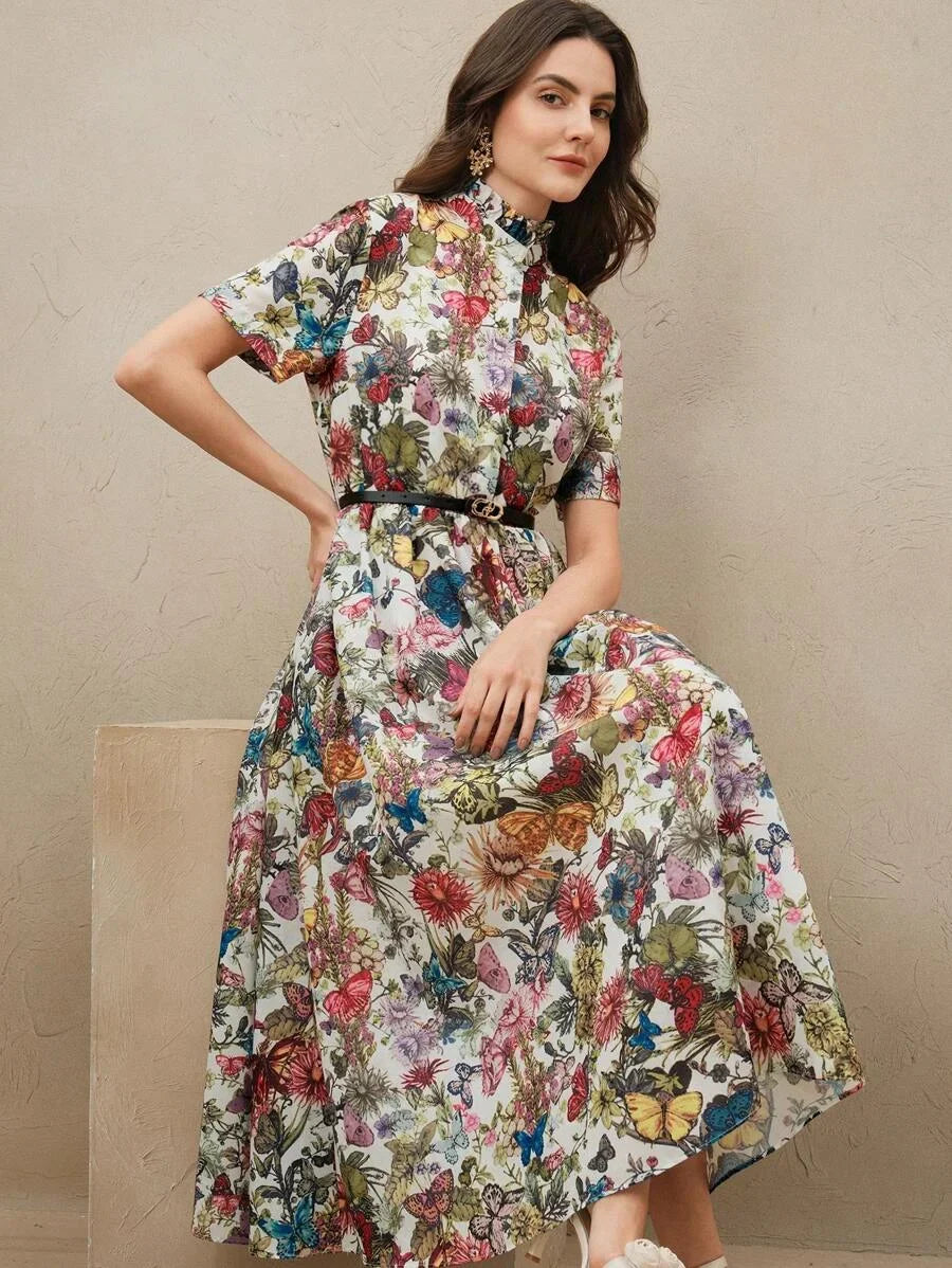 SpringSummer Dopamine Color Butterfly amp Floral Print Stand Collar Long Shirt Dress With Belt
