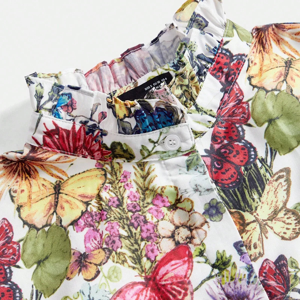 SpringSummer Dopamine Color Butterfly amp Floral Print Stand Collar Long Shirt Dress With Belt