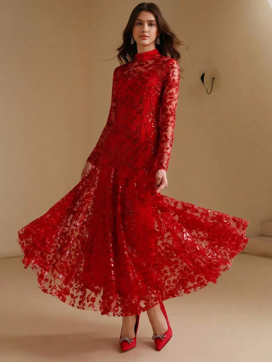 SpringSummer Womens VNeck Lace Embroidery Floral Cinched Waist Lantern Sleeve Dress