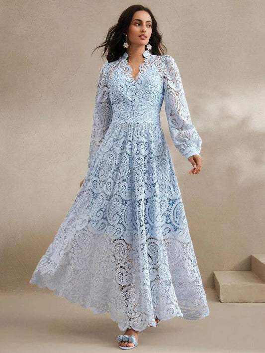 SpringSummer Womens VNeck Lace Embroidery Floral Cinched Waist Lantern Sleeve Dress
