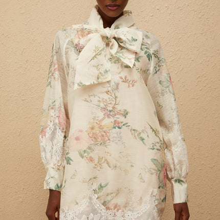 Stefania Mini Dress Neutrals Floral Lace Trim Bow Tie Frayed Edges Long Sleeves Thigh Length
