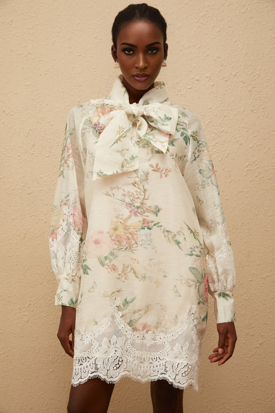 Stefania Mini Dress Neutrals Floral Lace Trim Bow Tie Frayed Edges Long Sleeves Thigh Length