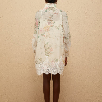 Stefania Mini Dress Neutrals Floral Lace Trim Eco-Friendly Terylene Fiber