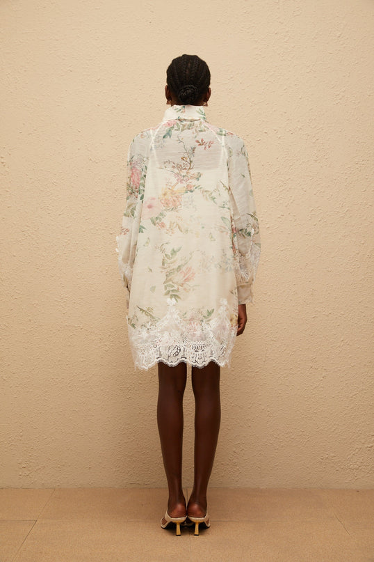 Stefania Mini Dress Neutrals Floral Lace Trim Eco-Friendly Terylene Fiber