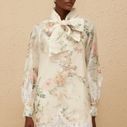 Stefania Mini Dress Neutrals Floral Lace Trim Bow-Tie Long Sleeves Thigh Length Frayed Edges