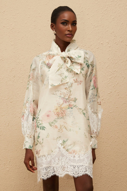 Stefania Mini Dress Neutrals Floral Lace Trim Bow-Tie Long Sleeves Thigh Length Frayed Edges